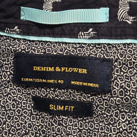 Denim & Flower Zebra Shirt Men M Slim Fit Button Down Short Sleeve Black - Picture 3 of 15